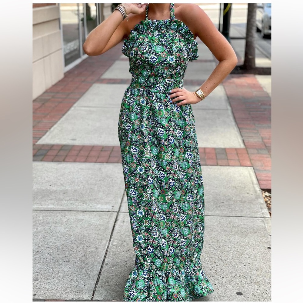 CK Bradley Green and White Ruffled Halter Sundress for Wedding Guest